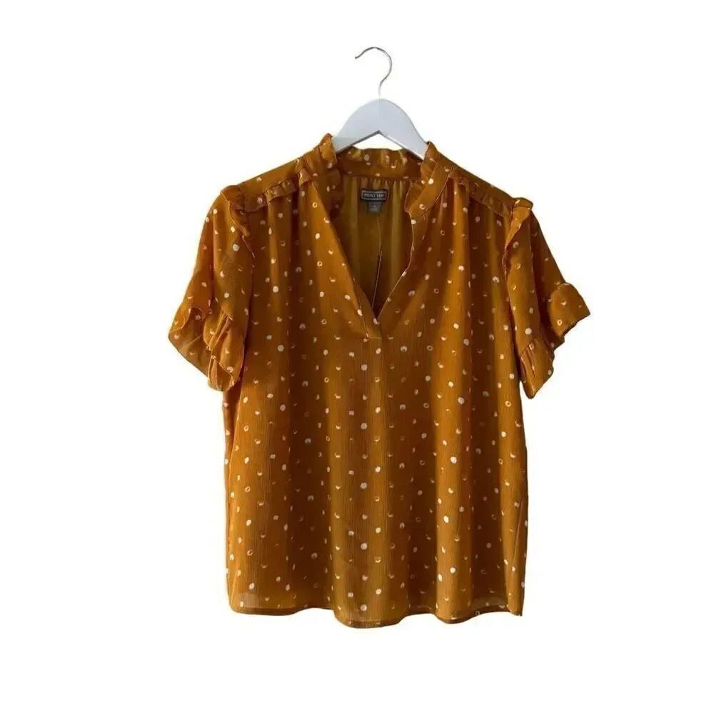 J. Crew Point Sur V Neck Flutter Sleeves Mustard Marigold Ivory Polka SZ S #2192